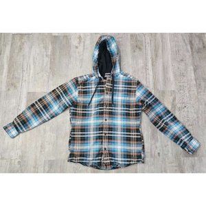 Eddie Bauer Flannel Hoodie Mens Small Button Up Blue Orange Classic Fit Pockets